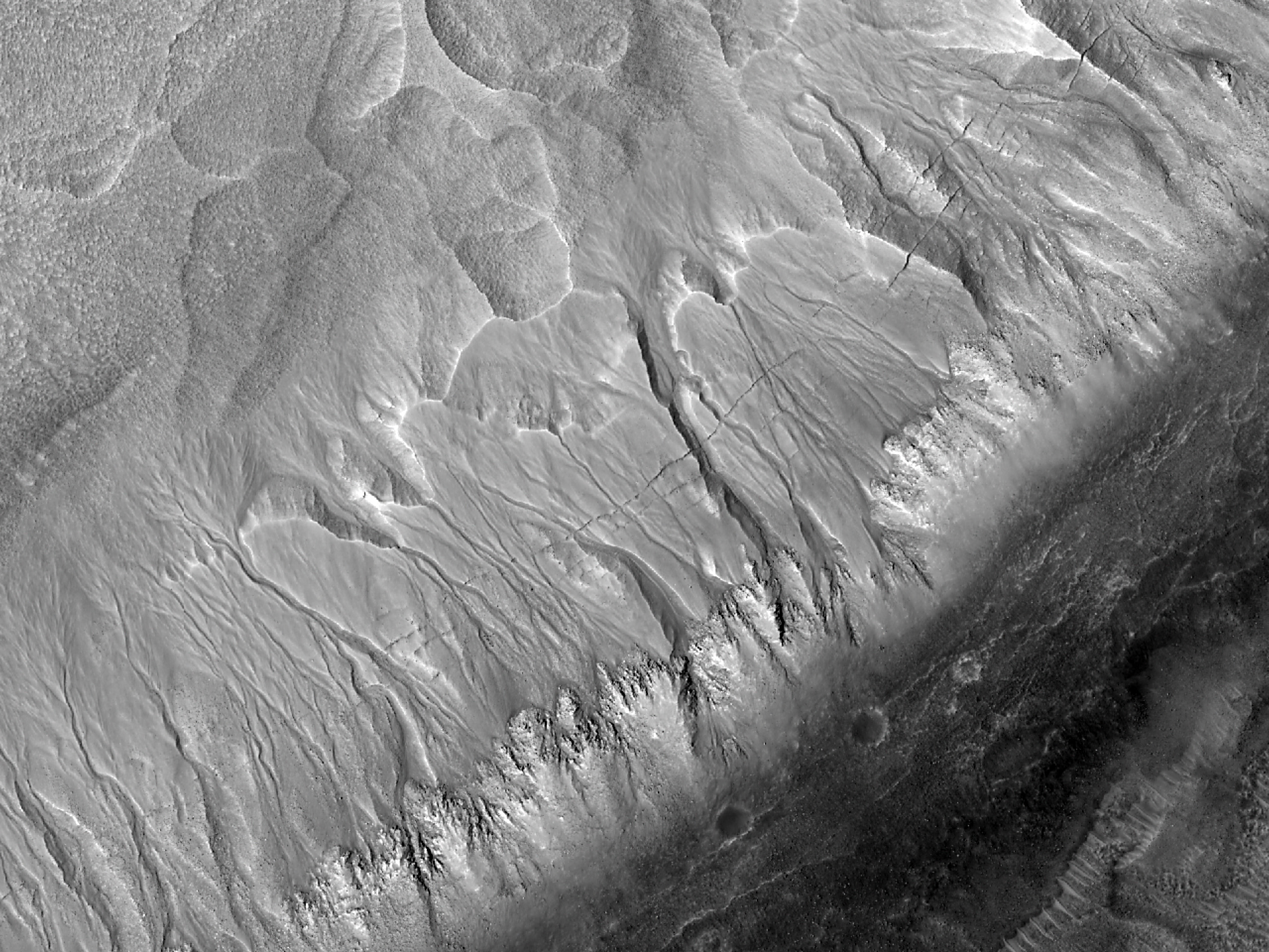 Northern Hemisphere Gullies on a West-Facing Crater Slope
