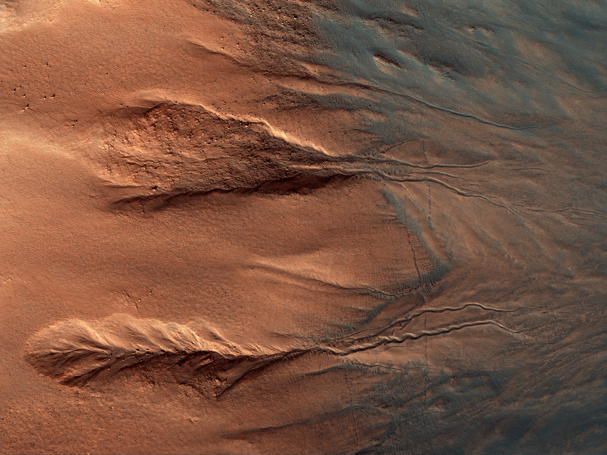 The Contrasting Colors of Crater Dunes and Gullies