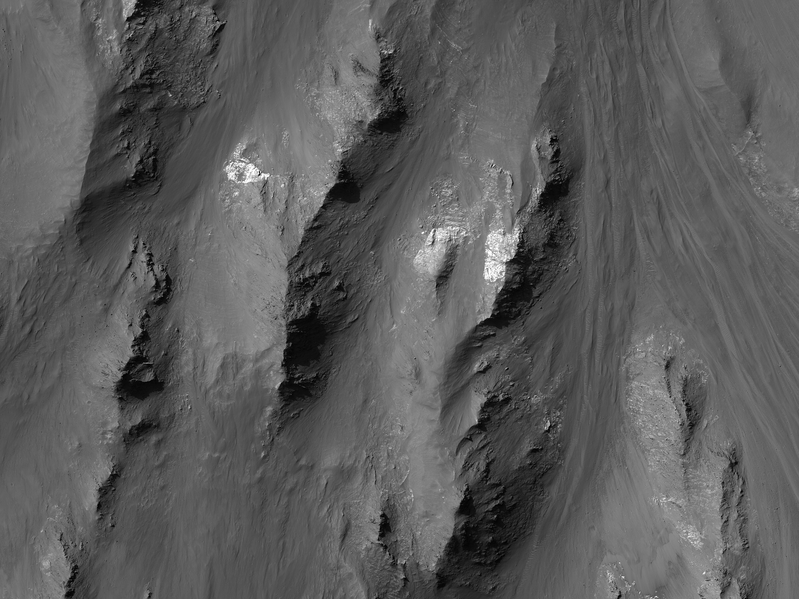Coprates Chasma’daki yan kayaç eğimleri boyunca ortaya çıkmış çeşitli maddeler
