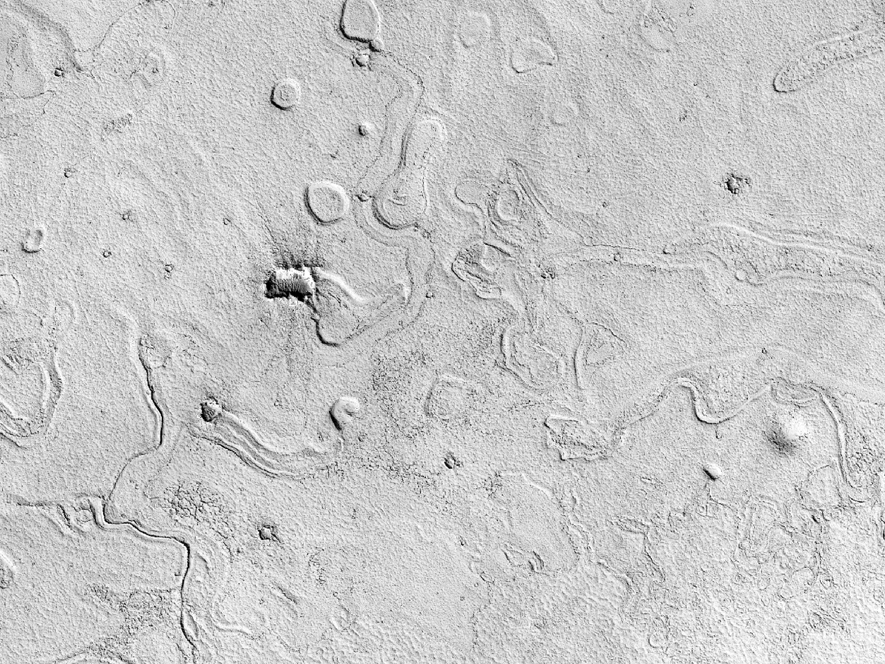 Kuilen in een lava-oppervlak in Amazonis Planitia