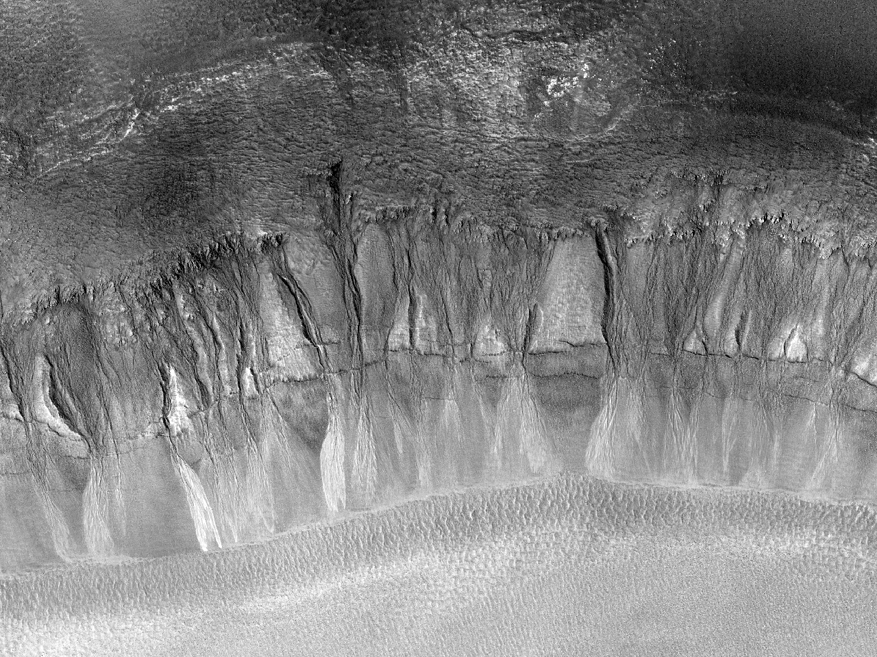 Canaloni in un cratere a medie latitudini settentrionali in Acidalia Colles