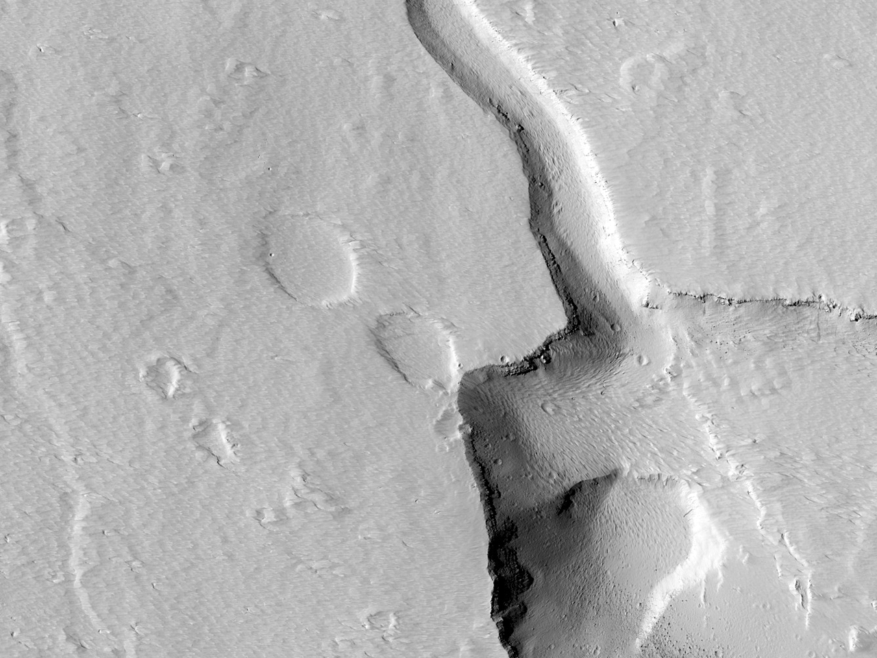 Ascraeus Mons’un doğu kanadındaki çukurlar ve kanallar