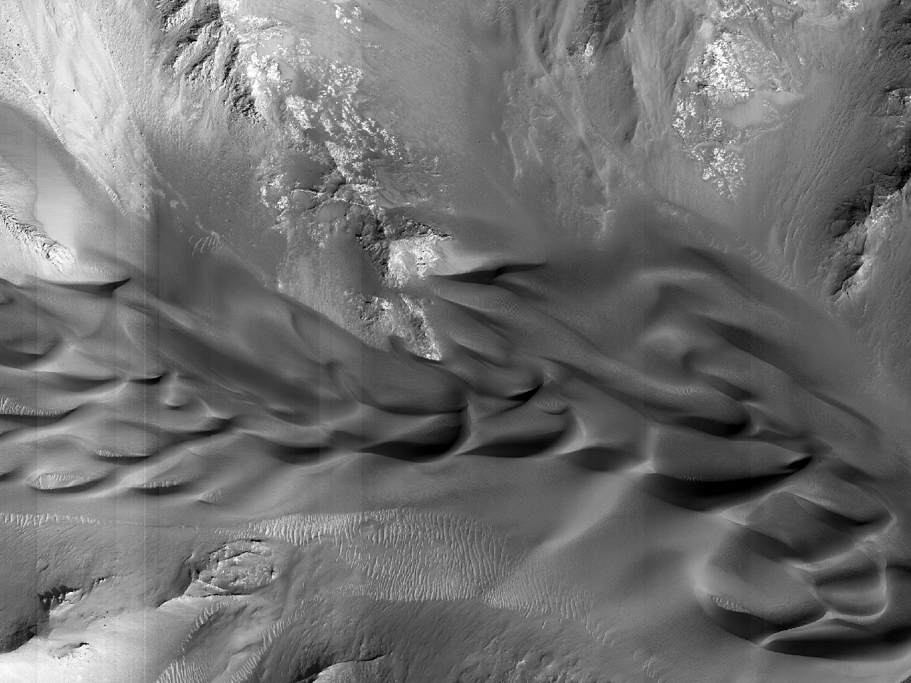Sandldur mefram hlendisspildu  austurhluta Coprates Chasma