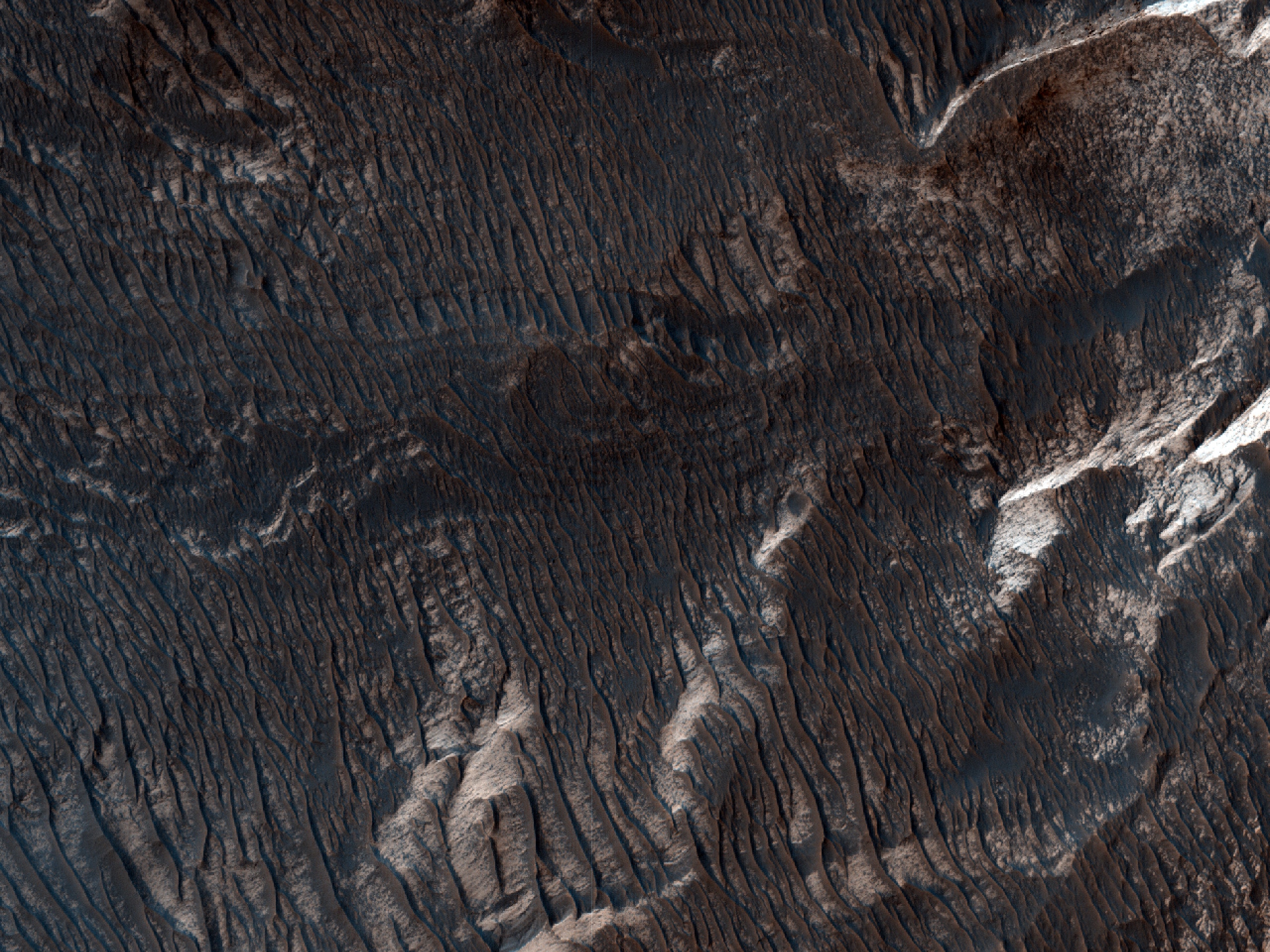 Lyse lagvise avleiringer langs en steinvegg i Melas Chasma