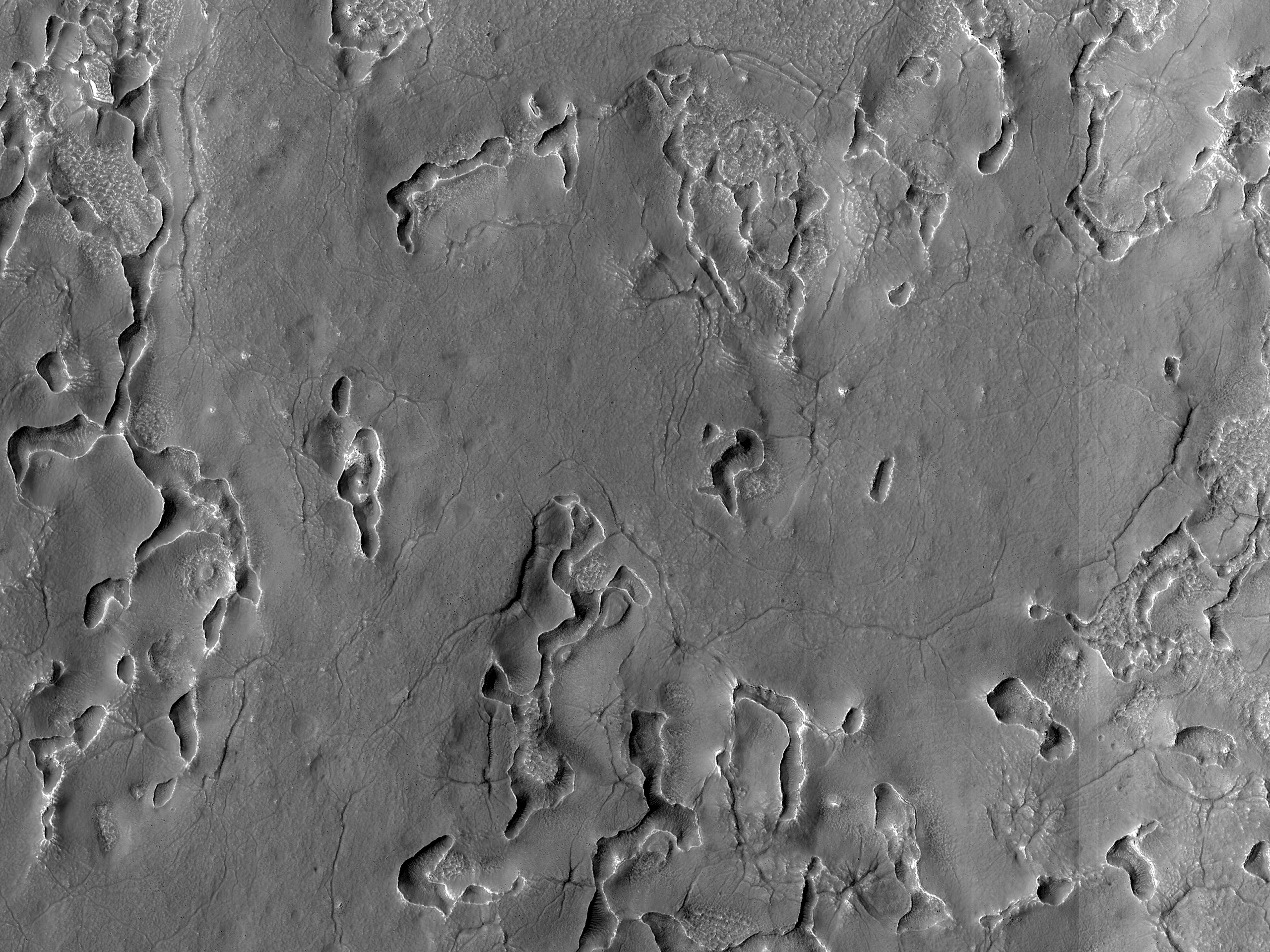 Fenditure brevi e strette sulla superficie di Deuteronilus Mensae