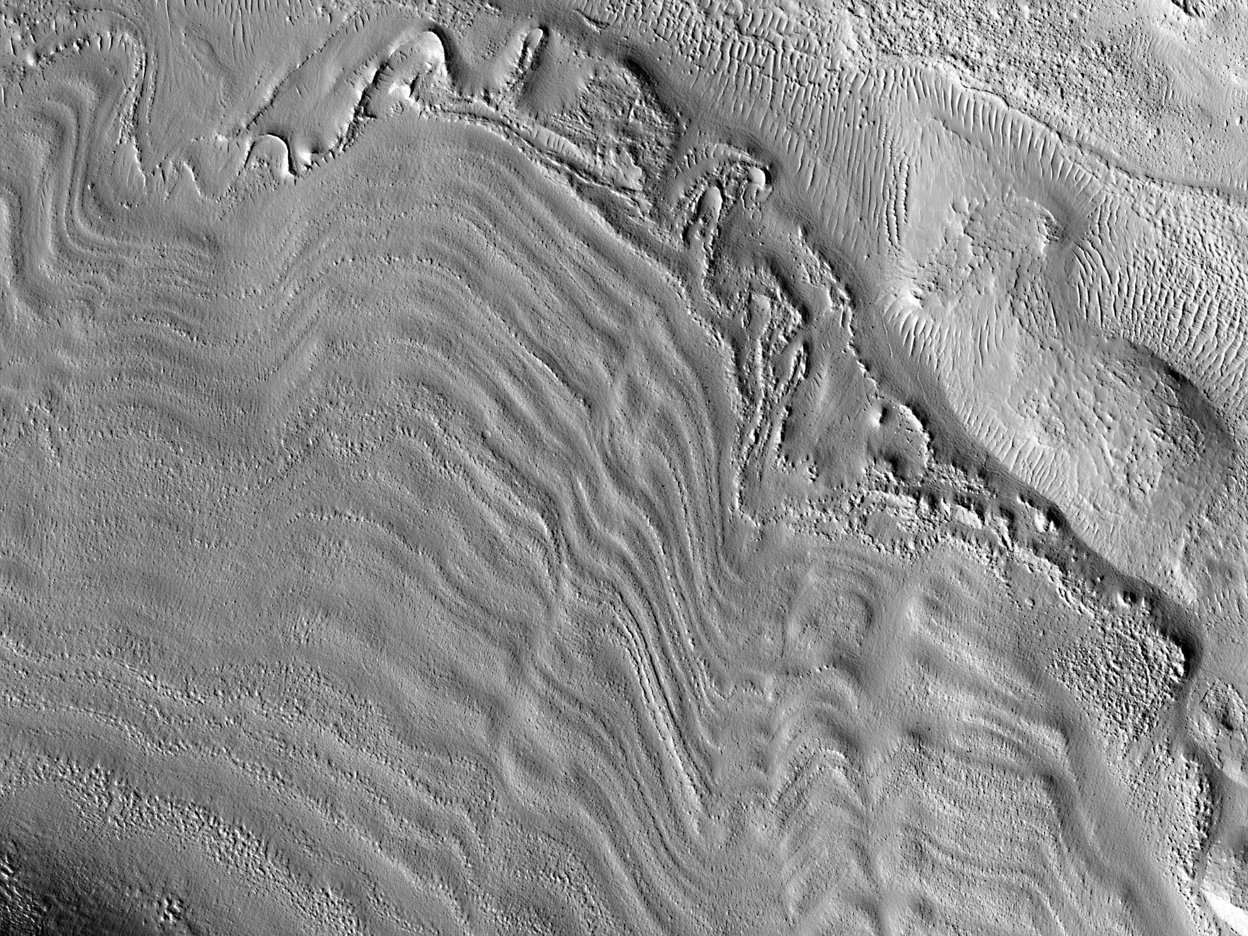 Surface Bands on Lobate Debris Apron with High Sinuosity
