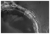 Layers and Fault in Crater in MOC Image R19-01820