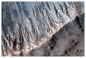 Krater vol geulen in de tropen van Mars