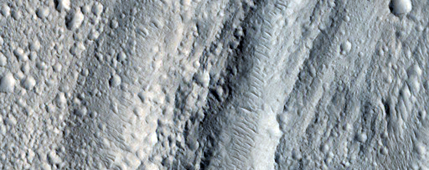 Dark Material and Crater in Ridge on Lobate Feature Near Olympus Mons