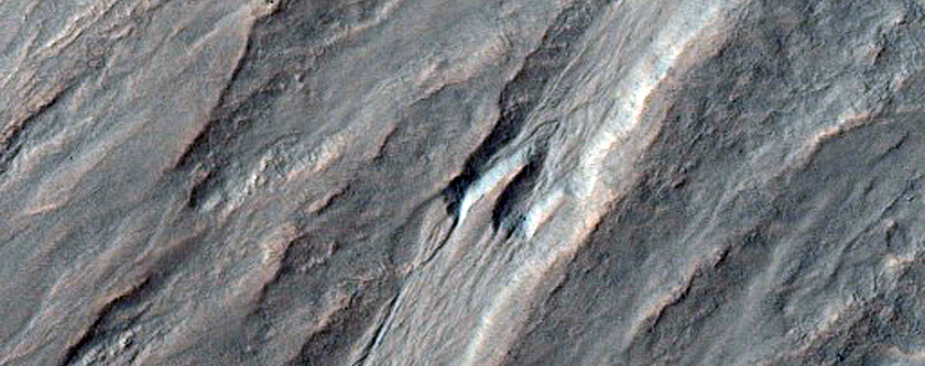 Gullied Crater Wall Seen in MOC Image E10-04484