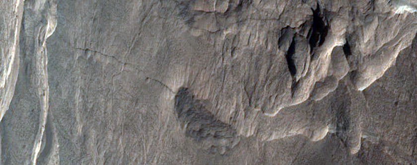 Isolated Layered Mound in Trough Between Layered Benches in Terby Crater