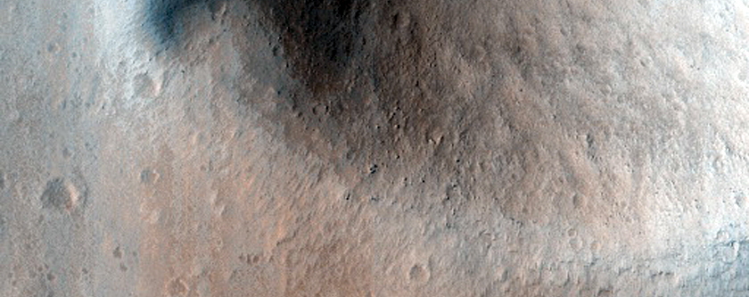Crater on Olympus Mons Flank with Possible Gullies