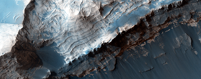 Wavy Stratification Features in Crater Wall in MOC Image S14-00005