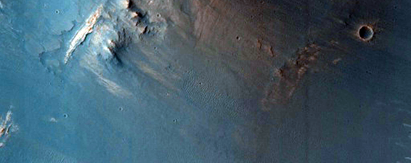 Wavy Stratification Features in Crater Wall in MOC Image S14-00005