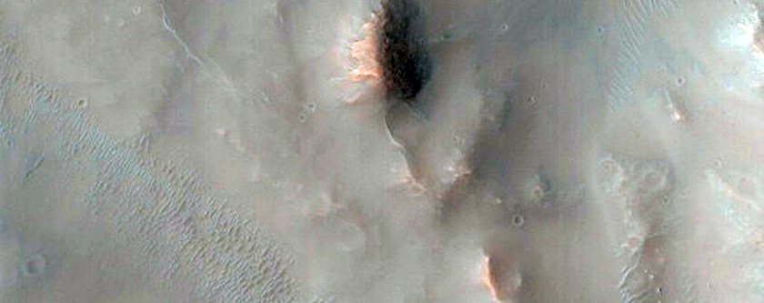 Recent 5-Kilometer Diameter Crater with Gullies and Bedrock Exposures