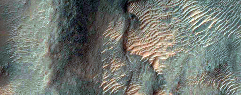 Gullies and Bedrock in Crater in Ariadnes Colles