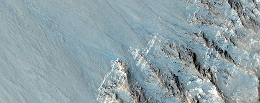Layers in Crater Wall in Eastern Kasei Valles, Seen in MOC Image R16-01481