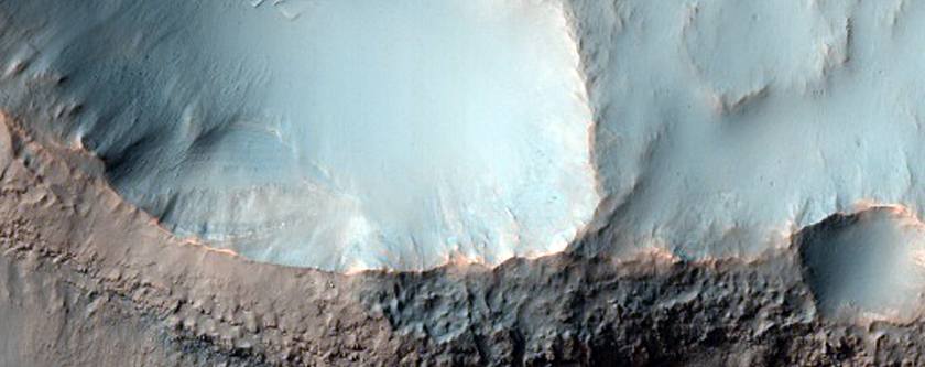 Gullies on Wall of Crater in Mariner Crater, As Seen in MOC Image E11-02204