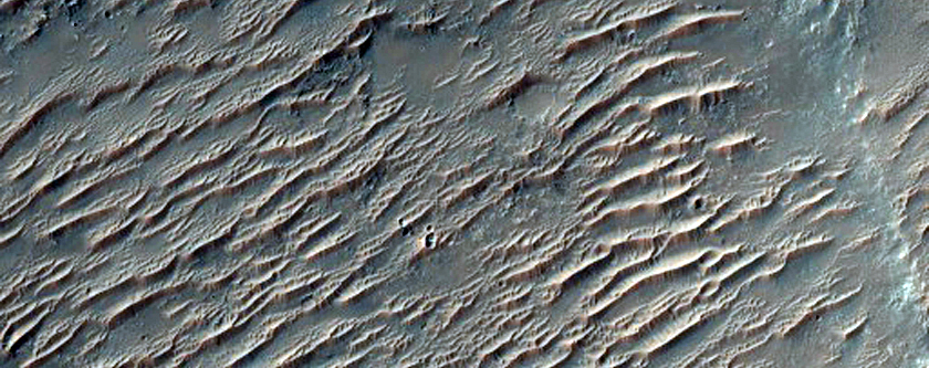 Mounds and Small Ridges along Wrinkle Ridge on Huygens Crater Floor
