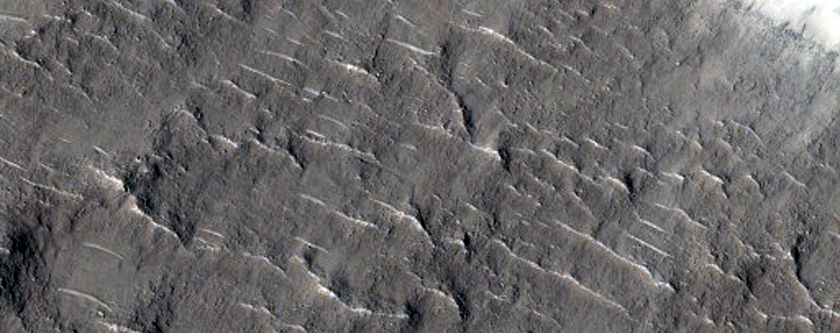 Linear Ridges and Fans on Floor of Peridier Crater
