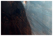 Features on Wall in Crater in CTX Image