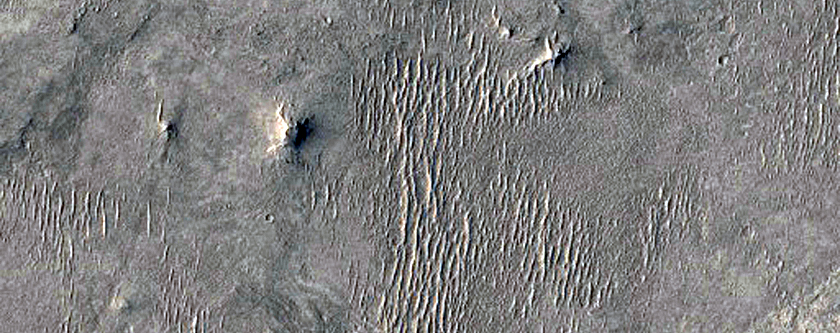Troughs in Large Filled Impact Crater in Terra Sabaea
