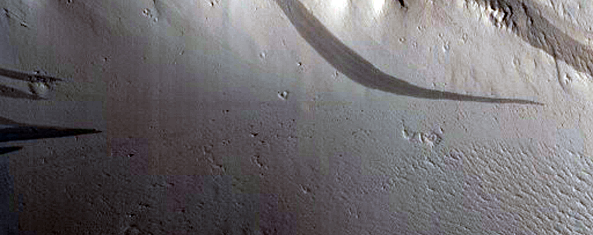 Crater with Fans and Sinuous Ridges Near Distal Marte Vallis