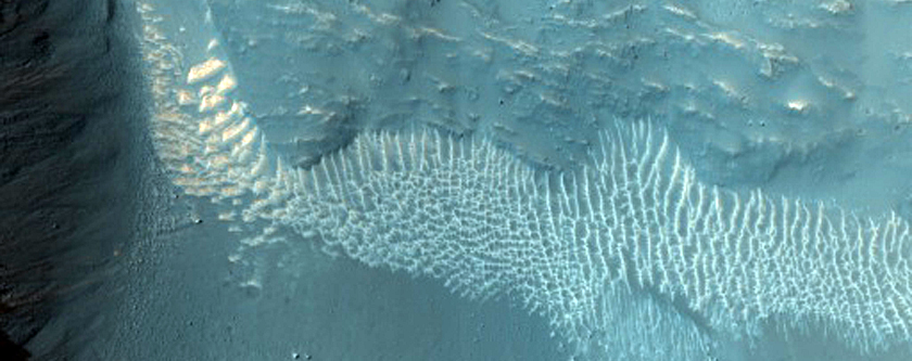 Well-Preserved 2-Kilometer Crater on Steep Slope in Tithonium Chasma
