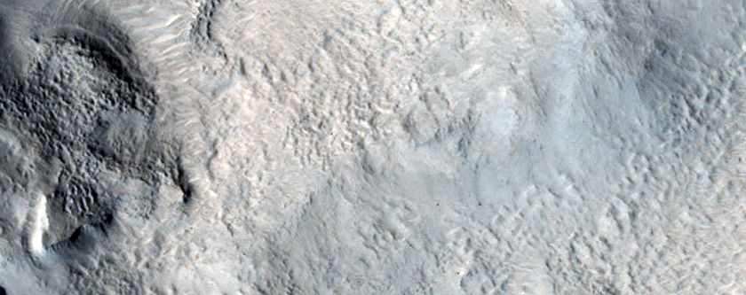 Thin Layers in Eroded Crater Southwest of Bamberg Crater
