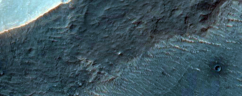 Light-Toned Deposits in Valley and Crater North of Eberswalde Crater

