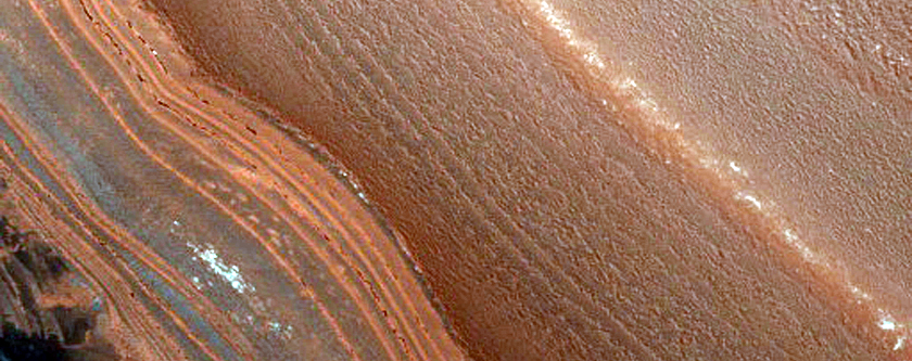 En liten, bratt klippe på kanten av de lagvise avleiringene ved nordpolen på Mars