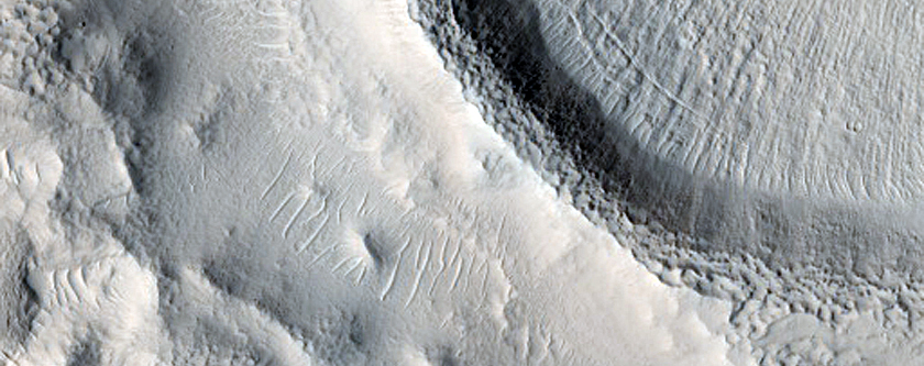 Flow Moving through Crater in Nilosyrtis Mensae