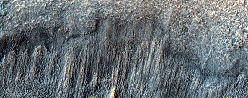 Dark Streaks on Steep Terra Sirenum Crater Wall
