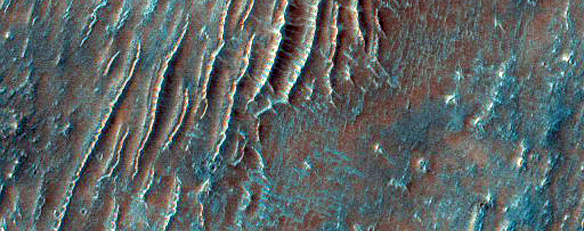 Variety of Light and Dark-Toned Landforms Southwest of Tabor Crater
