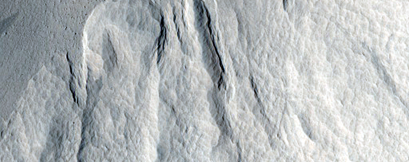 Mass Wasting Feature on Southern Wall of Crater Near Amazonis Mensa
