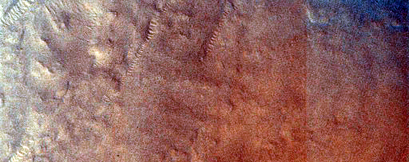 Ridges and Troughs along Wall of Crater in Northwest Arena Colles