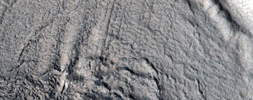 Glacier Tongue inside Impact Cut by Fault on Alba Mons