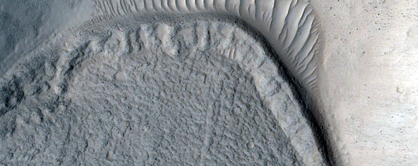 Glacier Tongue inside Impact Cut by Fault on Alba Mons