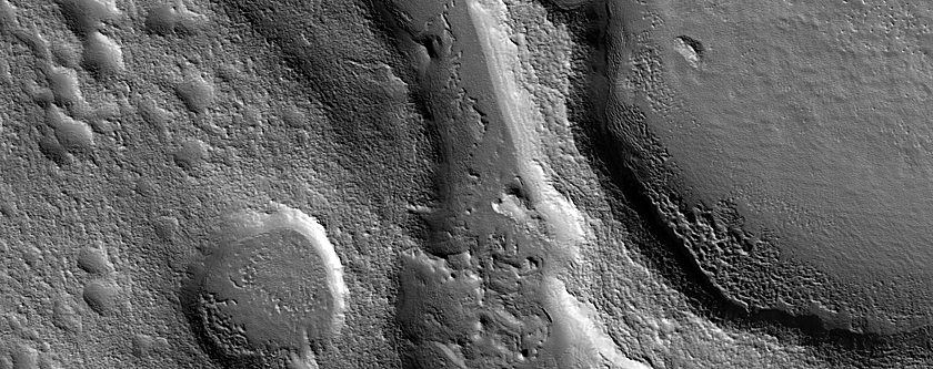Channel and Crater in Northern Mid-Latitudes