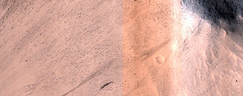 Layers in Pedestal Crater along Rim of Tikhonravov Crater