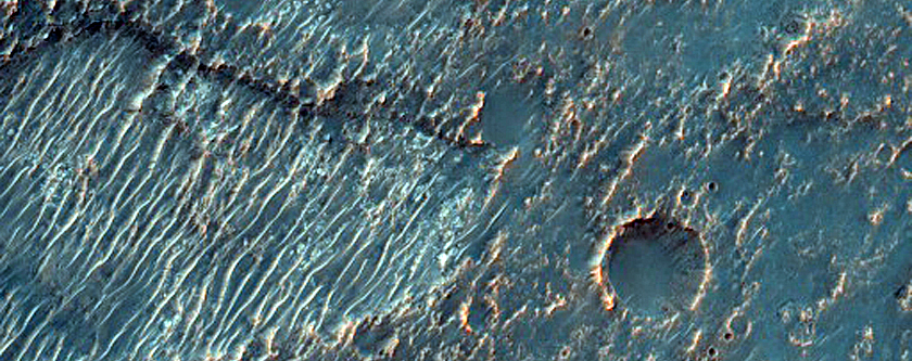 Crater Interior with Light-Toned Rock and Curvilinear Ridge Features