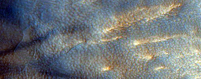 Small Crater on Lyot Crater Ejecta with Relic Gullies