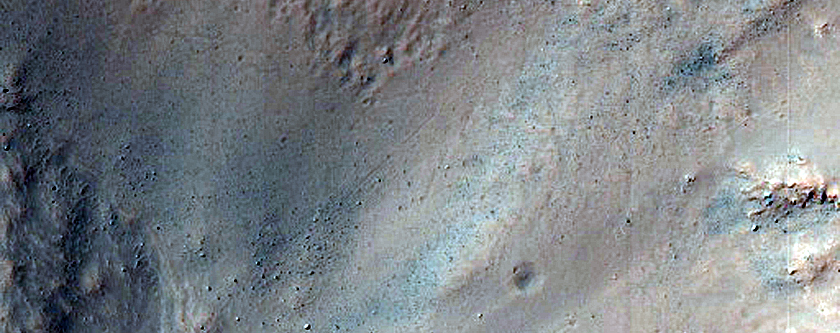 Crater with Prominent Ridge on Floor with Wall Erosion and Possible Gullies